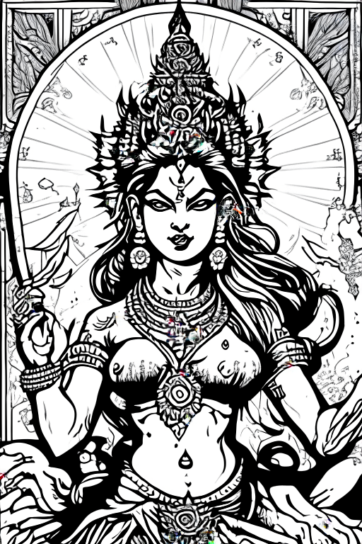 Generate a coloring book artwork using Todd McFarlane's artwork style of Hindu Goddess Durga as per current Hindu believes. 