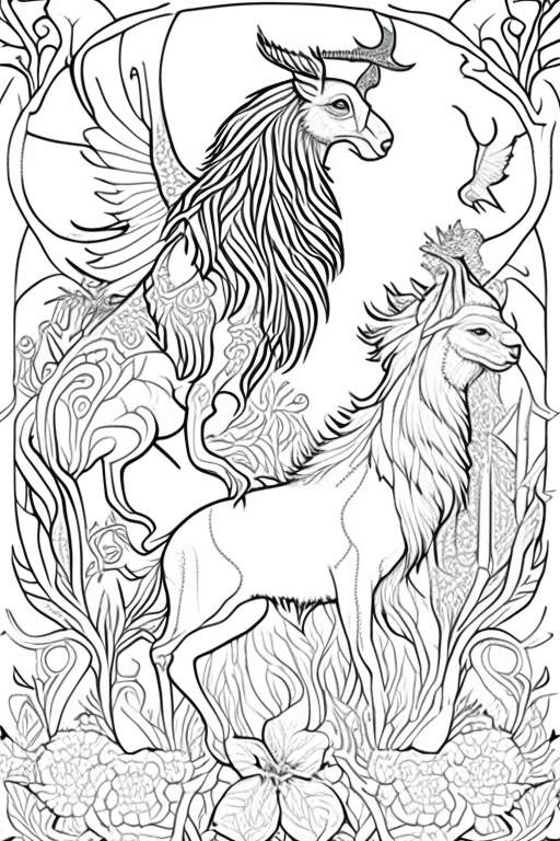 Generate a coloring book artwork for adults.
Artwork consists of medieval animals. 