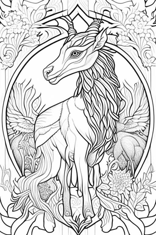 Generate a coloring book artwork for adults.
Artwork consists of medieval animals. 