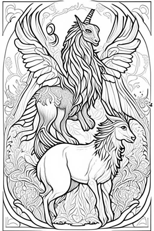 Generate a coloring book artwork for adults.
Artwork consists of medieval animals. 