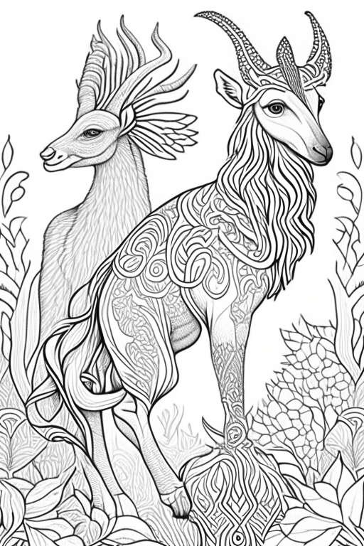 Generate a coloring book artwork for adults.
Artwork consists of medieval Indian animals. 