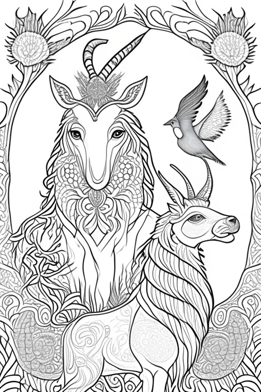 Generate a coloring book artwork for adults.
Artwork consists of medieval Indian animals. 