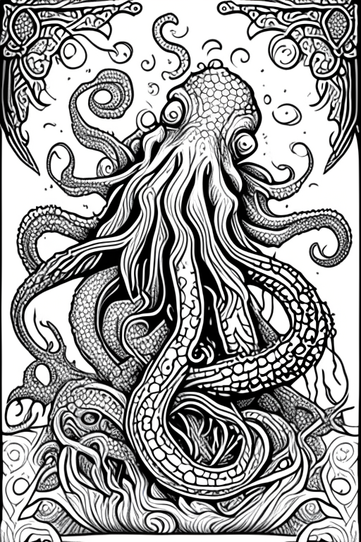 Generate a coloring book artwork for adults.
Artwork consists of medieval kraken. 