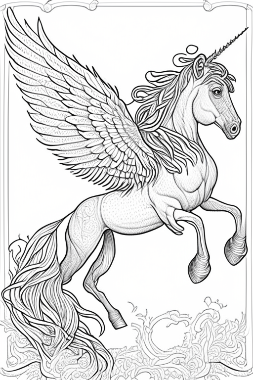 Generate a coloring book artwork for adults.
Artwork consists of medieval Pegasus. 