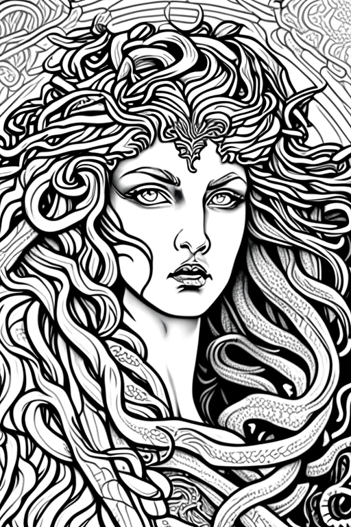 Generate a coloring book artwork for adults.
Artwork consists of medieval Medusa. 