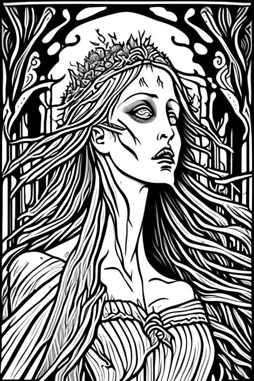 Generate a coloring book artwork for adults.
Artwork consists of medieval Banshee. 