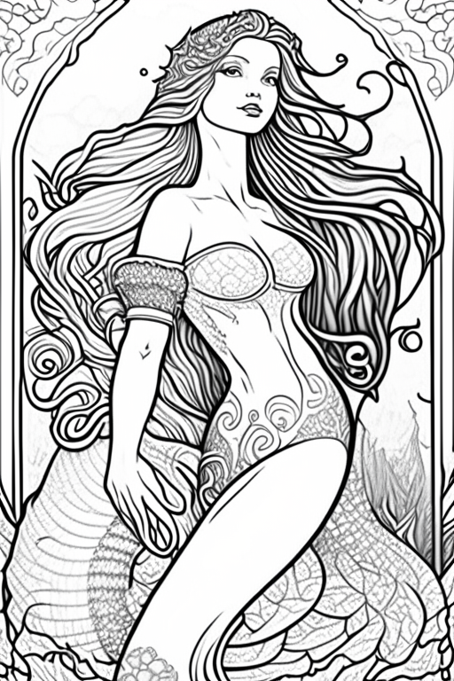 Generate a coloring book artwork for adults.
Artwork consists of medieval voluptuous mermaid. 