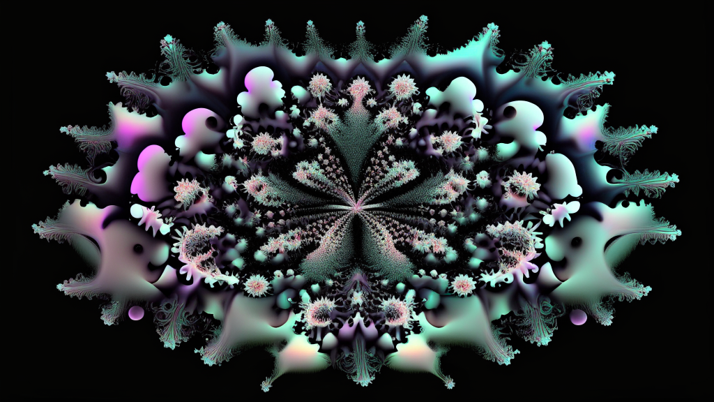 a large fractal pattern with pastel colors on a black background