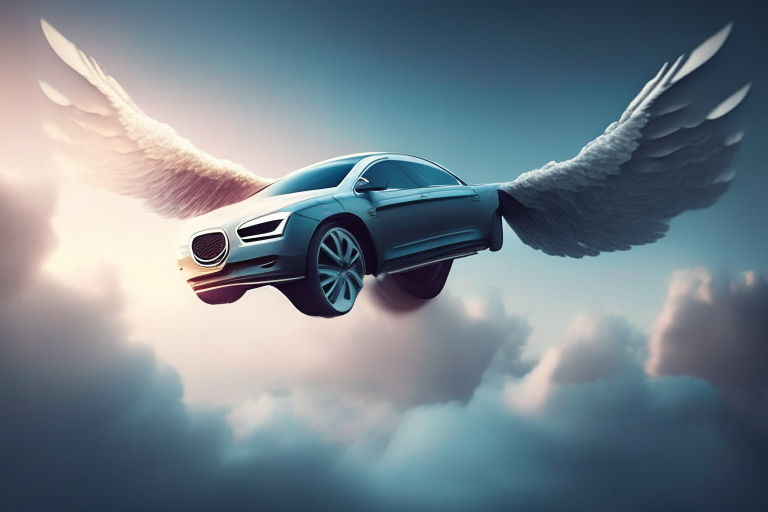 a Volvo car with wings, flying in the sky, 4k