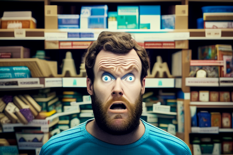 a man standing in front of a gift shelf in a store with a puzzled expression on his face