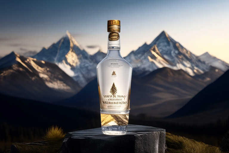 A bottle of premium vodka with a stunning mountain view in the background, made with the finest ingredients and awarded multiple international medals