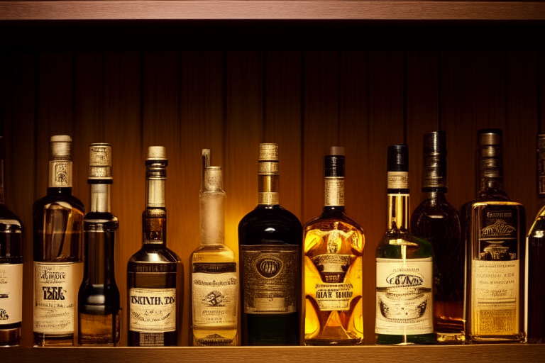 A shelf with different bottles of alcohol