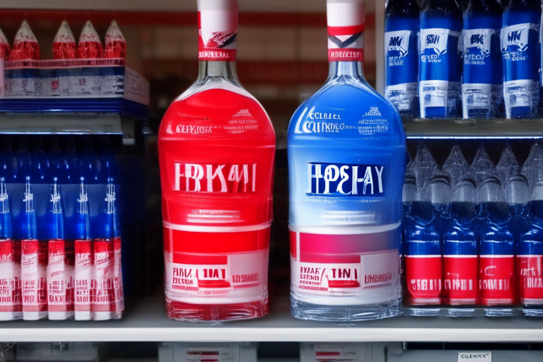 two bottles of vodka with a red, white, and blue stripe standing on a supermarket shelf along with other bottles of alcohol