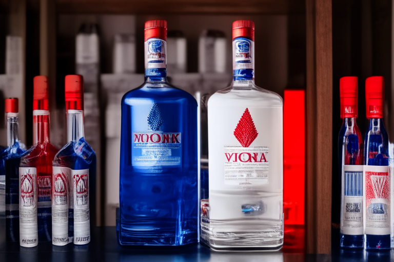 two bottles of vodka with a red, white, and blue stripe standing on a shelf with other bottles of expensive alcohol