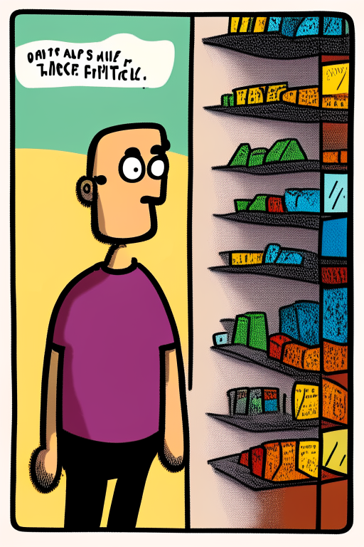 comic slide shows a man standing in front of a gift shelf in a store with a puzzled expression on his face. There are various objects around him, but none of them makes him feel special and unique.