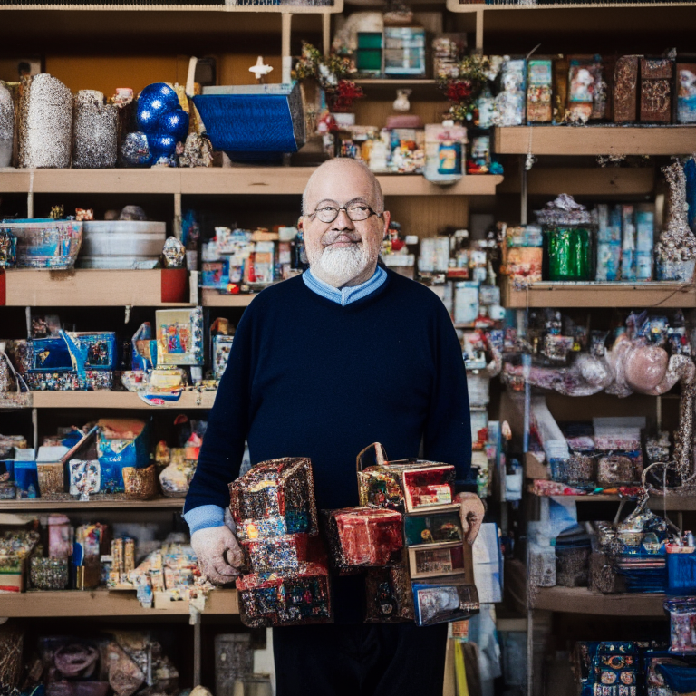 a man standing in front of a shelf of gifts