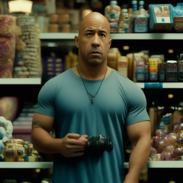 a man like Dominic Toretto standing in front of a gift shelf in a store with a puzzled expression on his face, with various objects around him