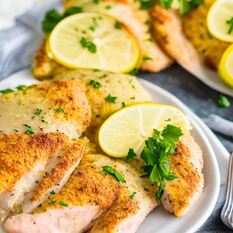 Air Fryer Turkey Cutlets with Lemon Garlic Sauce, beautifully plated and ready to be served