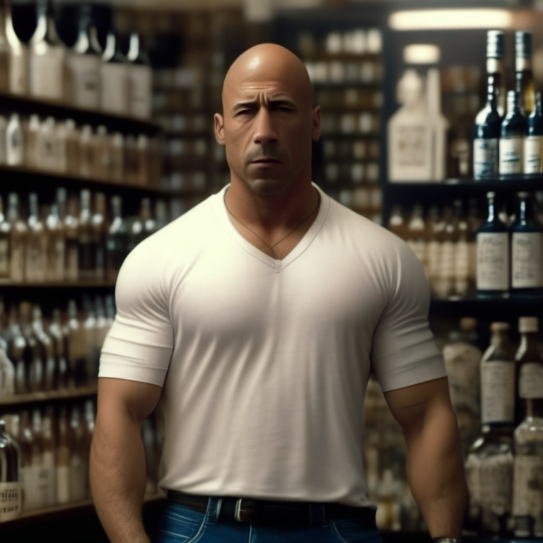 a man like Dominic Toretto dressed in a white shirt and jeans, standing in front of a shelf with expensive alcohol in a store with a puzzled expression on his face, with various objects around him