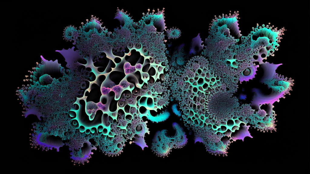 a large fractal pattern with neon colors and glitter effects on a black background