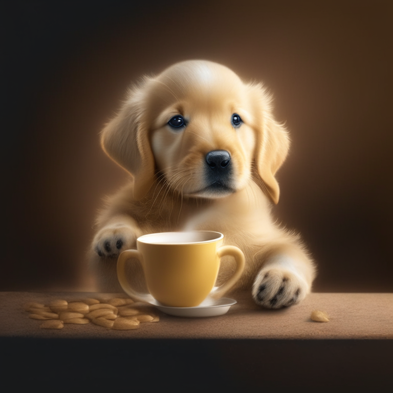 a Golden Retriever puppy drinking a latte with heart-shaped art, 4k