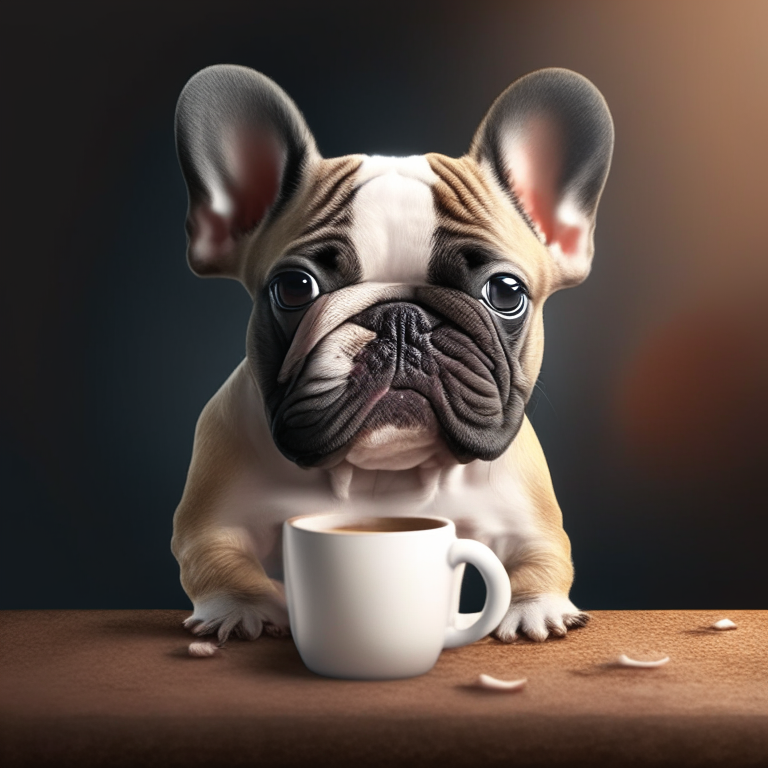 a French Bulldog puppy drinking a latte with heart-shaped art, 4k