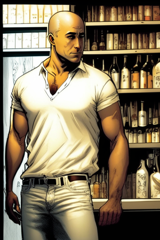 In the comic book style, a man like Dominic Toretto, wearing a white shirt and jeans, is visible from the side, he stands next to a shelf with alcohol and looks at her. One of them stands out for its brilliance and glow.