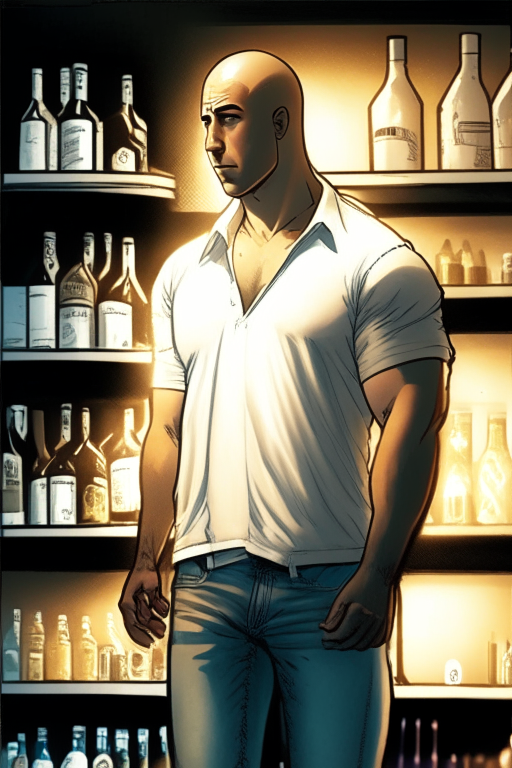In the style of a comic book, a man like Dominic Toretto, wearing a white shirt and jeans, he stands next to a shelf with alcohol and looks at the bottles on the shelf. One of the bottles stands out for its glow and brilliance.