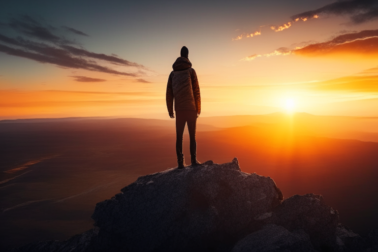 a person standing on a cliff overlooking a vast landscape with a sunset in the background