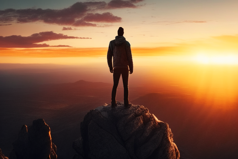 a person standing on a cliff overlooking a vast landscape with a sunrise in the background