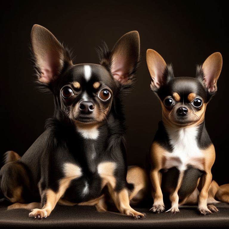 Two Chihuahuas, one brown and one black, sitting side by side and looking at the camera