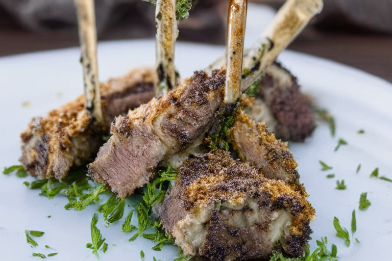 Air Fryer Mint-Crusted Lamb Rack, with juicy lamb and a crispy mint crust Mint-Crusted Lamb Rack, perfectly cooked and ready to be served