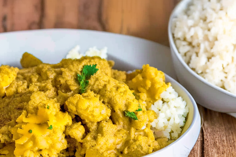 Air Fryer Lamb Curry with Cauliflower Rice, with tender lamb and flavorful curry sauce served with a side of cauliflower rice Lamb Curry with Cauliflower Rice, a delicious and healthy meal ready in minutes