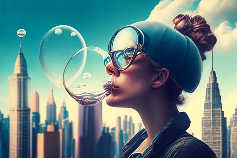 a woman blowing a bubble with a pair of glasses on her head in front of a city skyline with skyscrapers