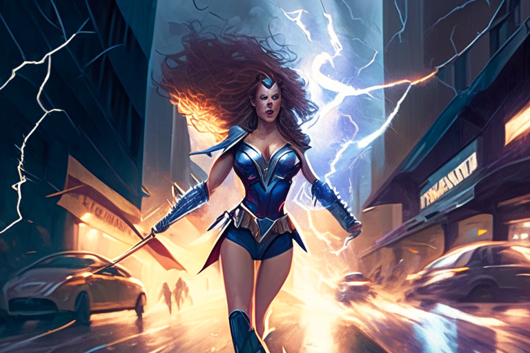 A modern city street with a female superhero holding a sword, surrounded by lightning strikes, bursting with energy