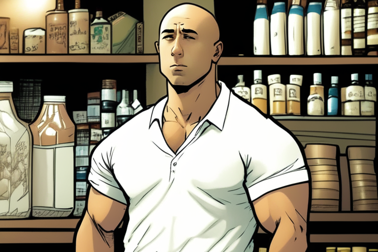 In the style of comics, a man like Dominic Toretto, dressed in a white shirt and jeans, with a puzzled expression on his face stands in front of a shelf with expensive alcohol in a store. There are various objects around him, but none of them makes him feel special and unique.