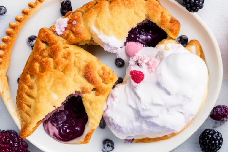 Air Fryer Mixed Berry Hand Pies with a golden crust and a scoop of vanilla ice cream on top, 4k