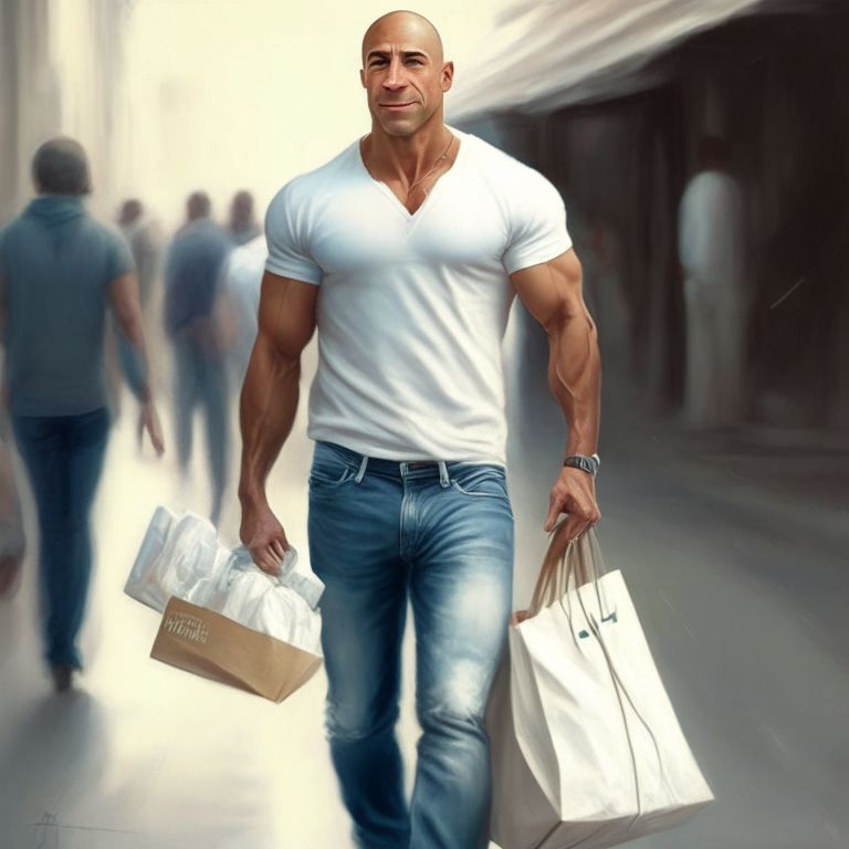 a man like Dominic Toretto, dressed in a white shirt and jeans, carrying gifts while walking