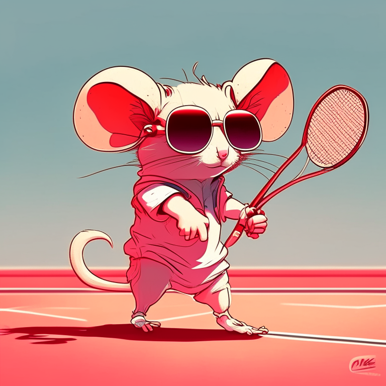 Pretty anime big mouse with light red colour, sunglasses, play tennis 