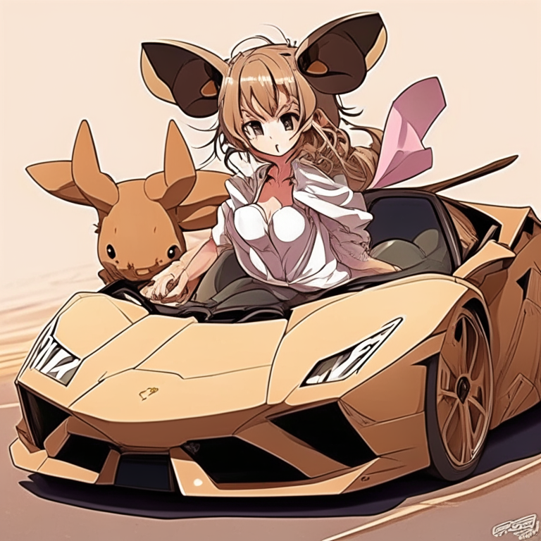 Pretty anime big mouse with light brown, ride on Lamborghini 