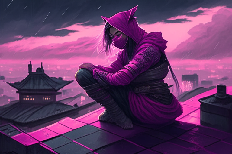 a beautiful ninja woman wearing pink attire squatting on a Japanese rooftop on a cloudy night overlooking a courtyard