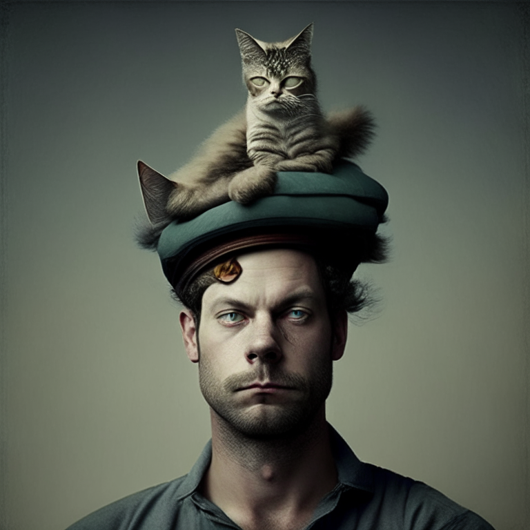 a man with a cat on top of his head