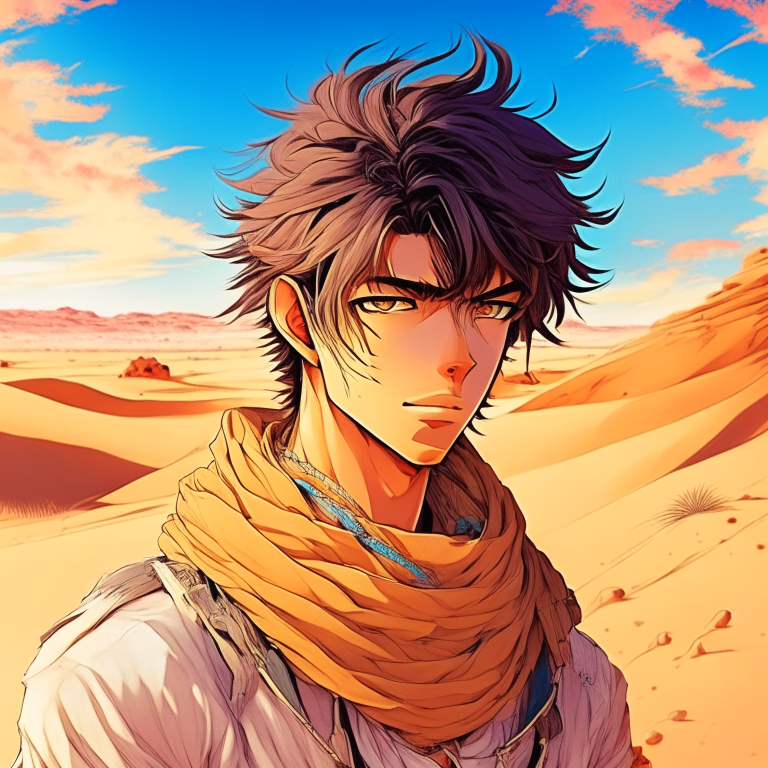 Handsome guy anime, with colour, in the desert 