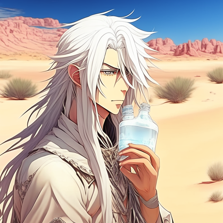 Handsome guy anime, with  long white hair colour, in the desert , drink a water 