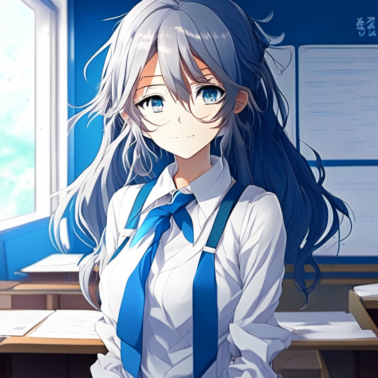 Classroom, pretty anime teacher, with white blues, 