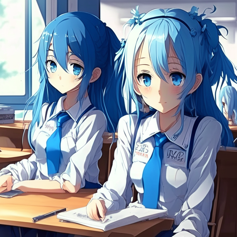 Classroom, pretty anime students, with blue blues