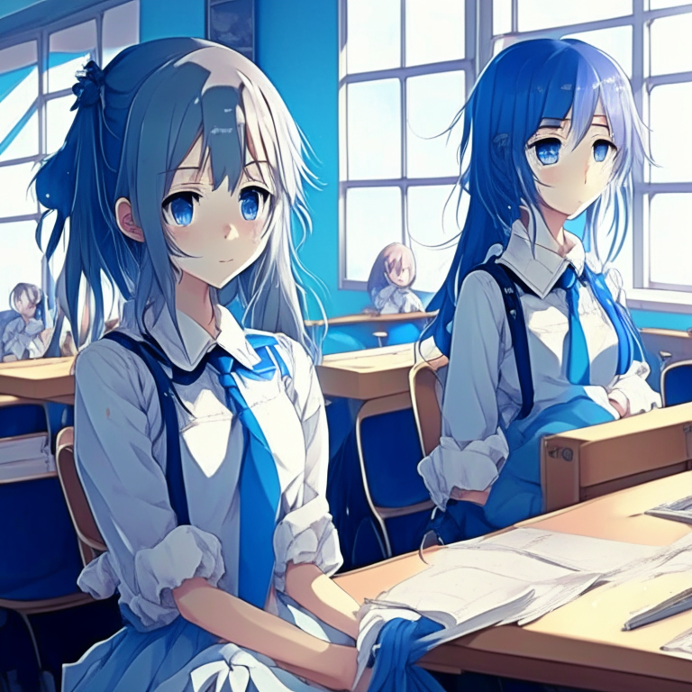 Classroom, pretty anime students, with blue blues