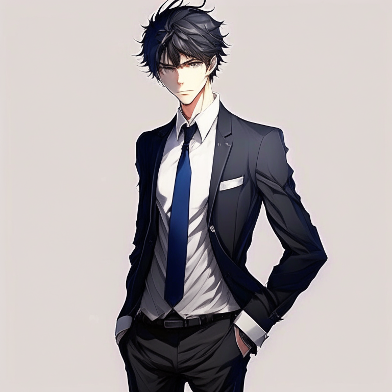 Techer, handsome anime , with black suit trousers, tall, blue eyes 