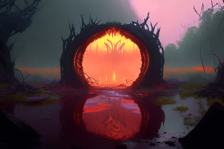 nether portal in a Fallout 76 swamp, realistic, 8k, concept art