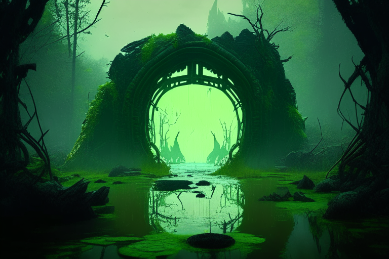 a green-toned nether portal in a Fallout 76 swamp with Fallout monsters